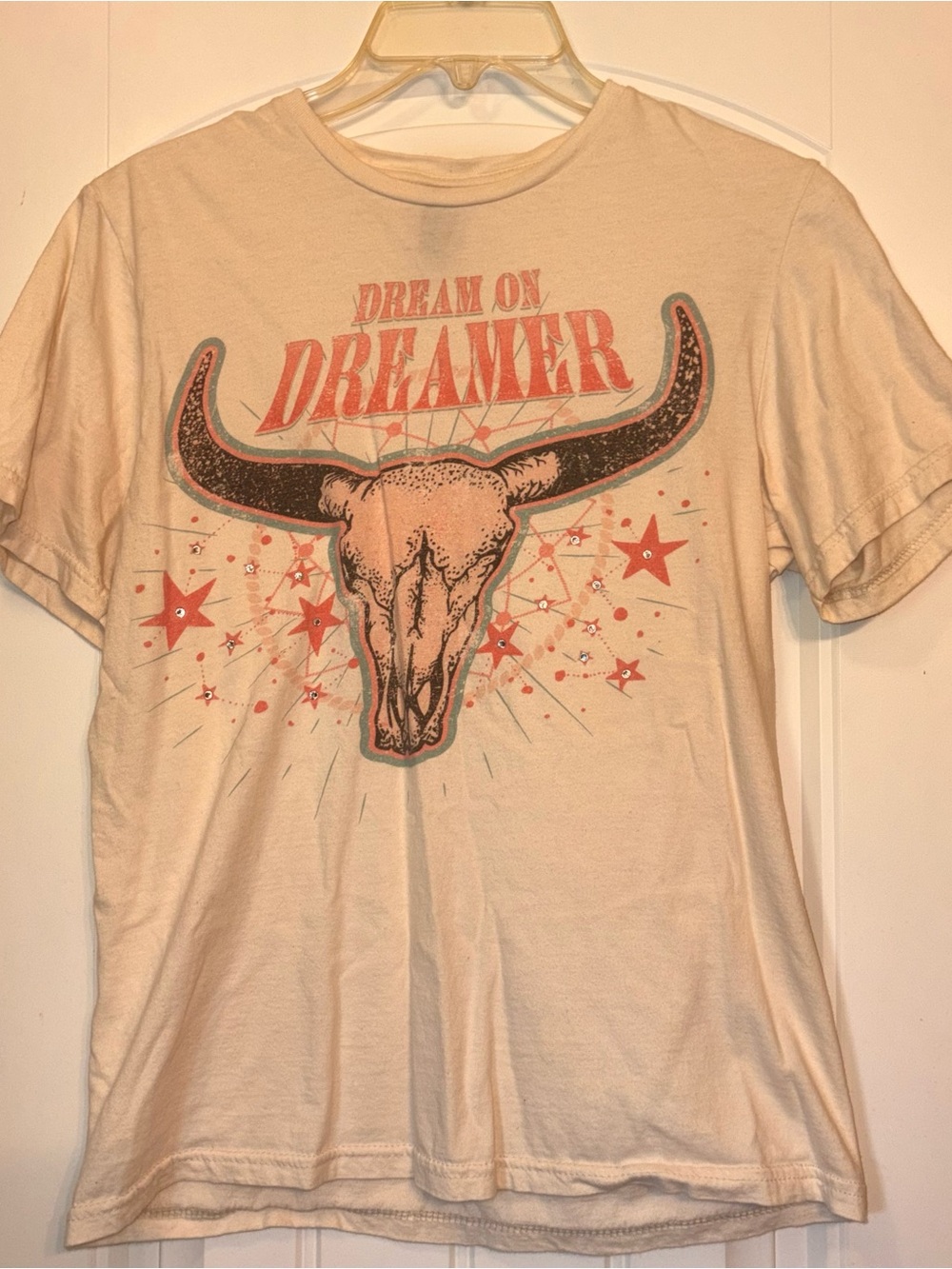 Gildan Cream Long Sleeve Graphic Tee with Coral and Black Print